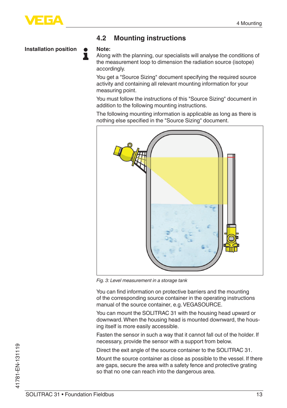 2 mounting instructions | VEGA SOLITRAC 31 Foundation Fieldbus User Manual | Page 13 / 80