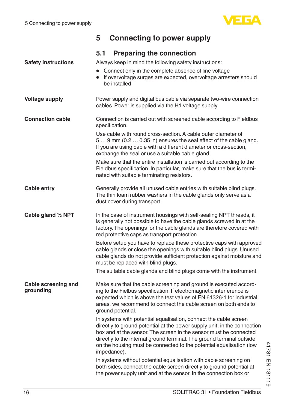 5 connecting to power supply, 1 preparing the connection | VEGA SOLITRAC 31 Foundation Fieldbus User Manual | Page 16 / 80