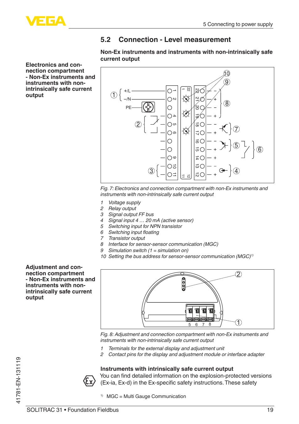 2 connection - level measurement | VEGA SOLITRAC 31 Foundation Fieldbus User Manual | Page 19 / 80