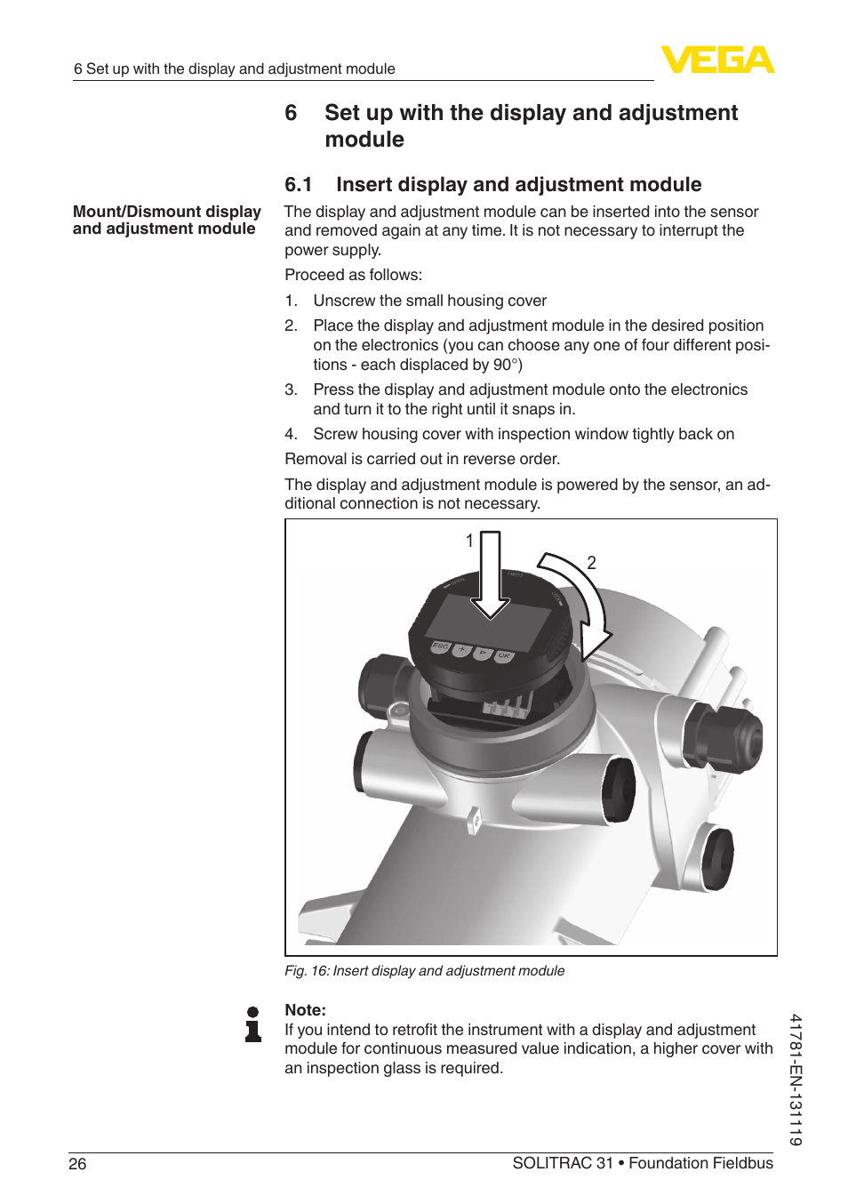 6 set up with the display and adjustment module, 1 insert display and adjustment module | VEGA SOLITRAC 31 Foundation Fieldbus User Manual | Page 26 / 80
