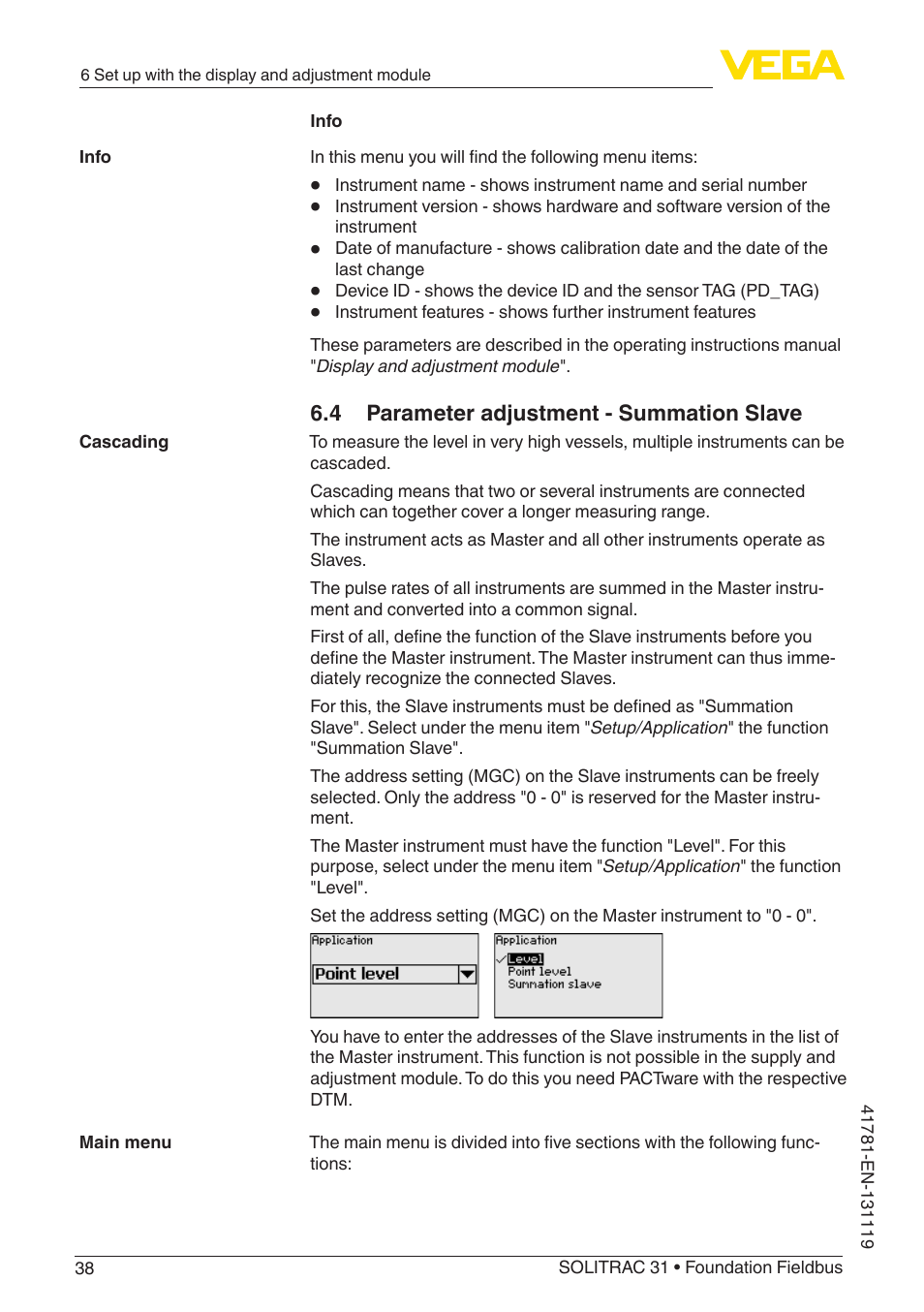 4 parameter adjustment - summation slave | VEGA SOLITRAC 31 Foundation Fieldbus User Manual | Page 38 / 80