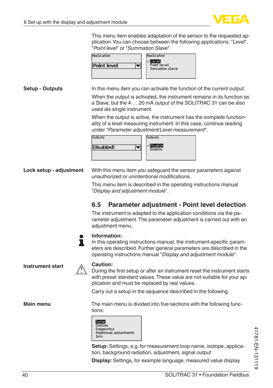 5 parameter adjustment - point level detection | VEGA SOLITRAC 31 Foundation Fieldbus User Manual | Page 40 / 80