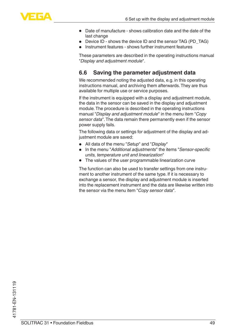 6 saving the parameter adjustment data | VEGA SOLITRAC 31 Foundation Fieldbus User Manual | Page 49 / 80