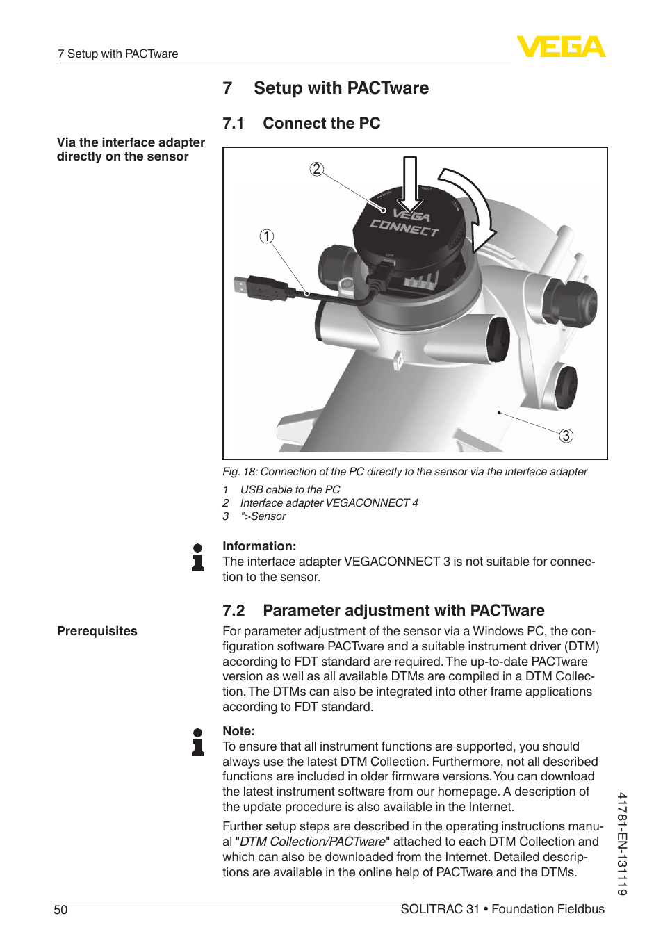 7 setup with pactware, 1 connect the pc, 2 parameter adjustment with pactware | VEGA SOLITRAC 31 Foundation Fieldbus User Manual | Page 50 / 80