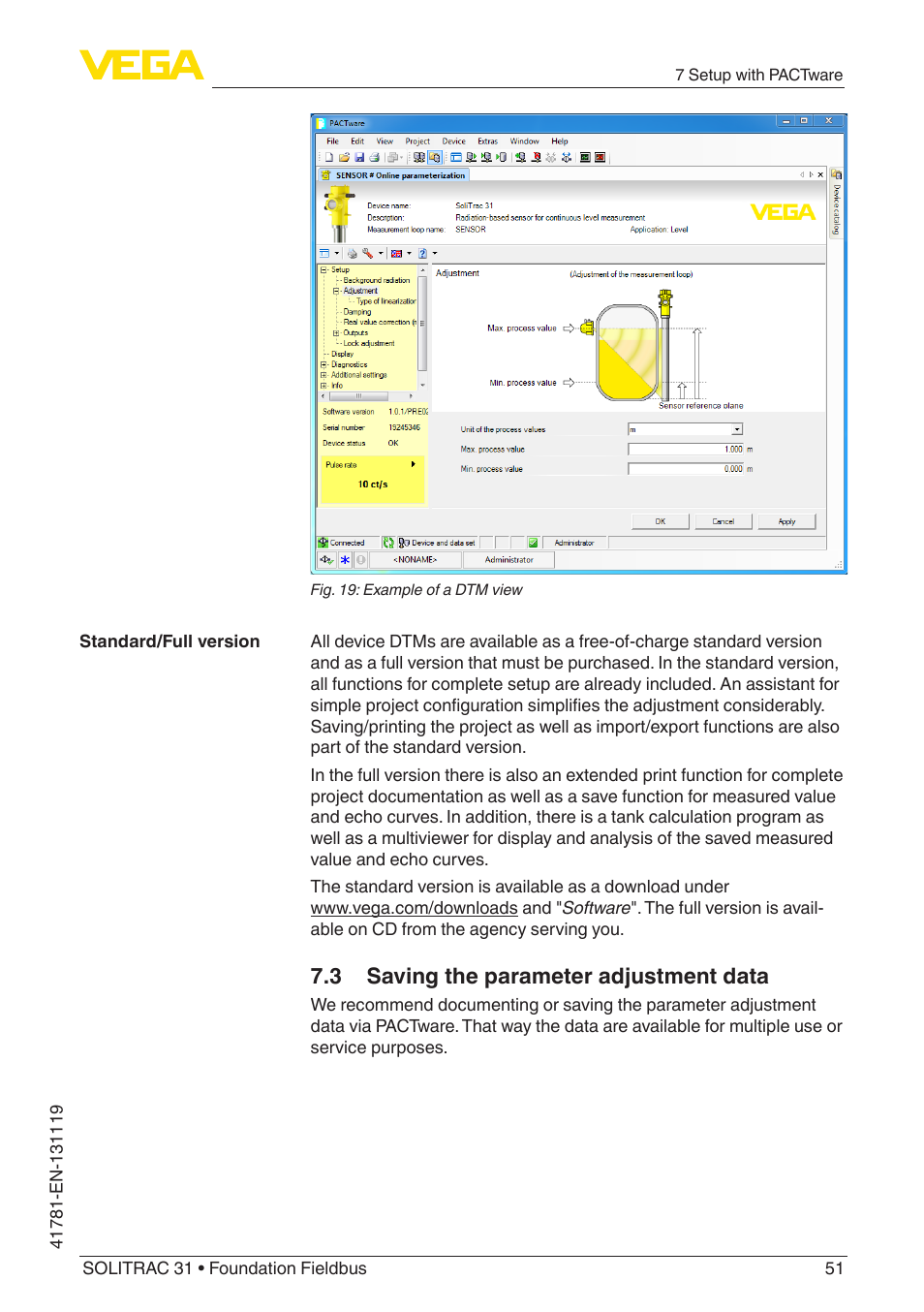 3 saving the parameter adjustment data | VEGA SOLITRAC 31 Foundation Fieldbus User Manual | Page 51 / 80