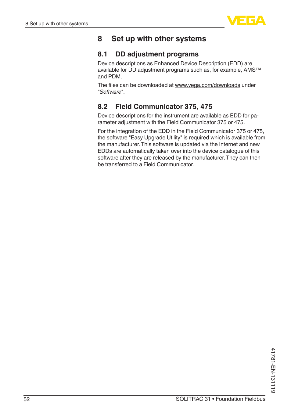 8 set up with other systems, 1 dd adjustment programs, 2 field communicator 375, 475 | VEGA SOLITRAC 31 Foundation Fieldbus User Manual | Page 52 / 80