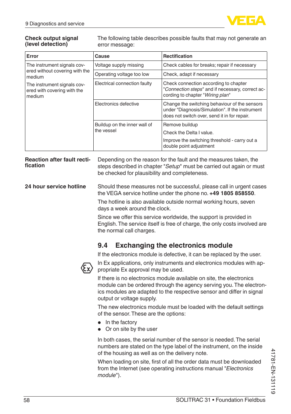 4 exchanging the electronics module | VEGA SOLITRAC 31 Foundation Fieldbus User Manual | Page 58 / 80
