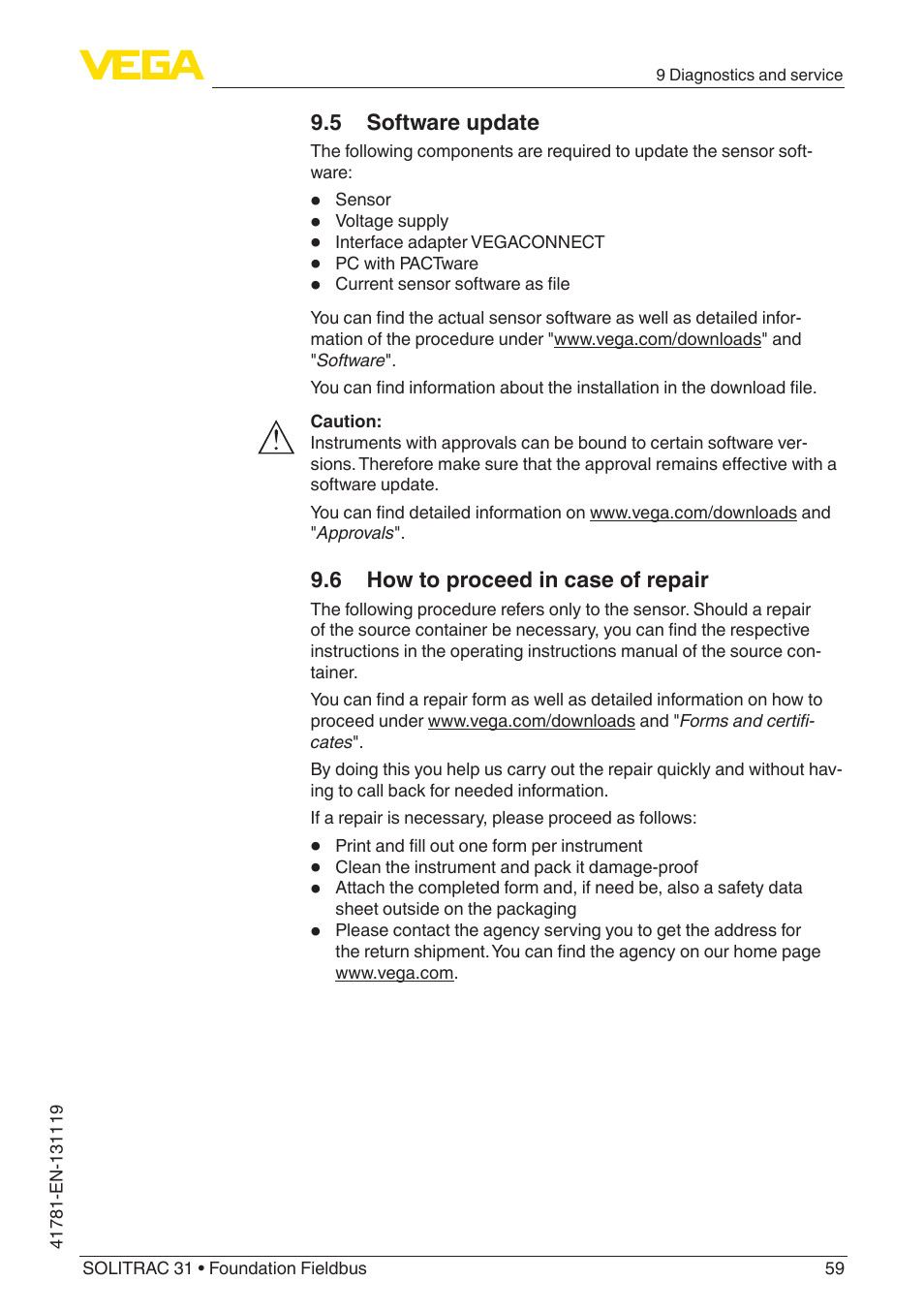 5 software update, 6 how to proceed in case of repair | VEGA SOLITRAC 31 Foundation Fieldbus User Manual | Page 59 / 80