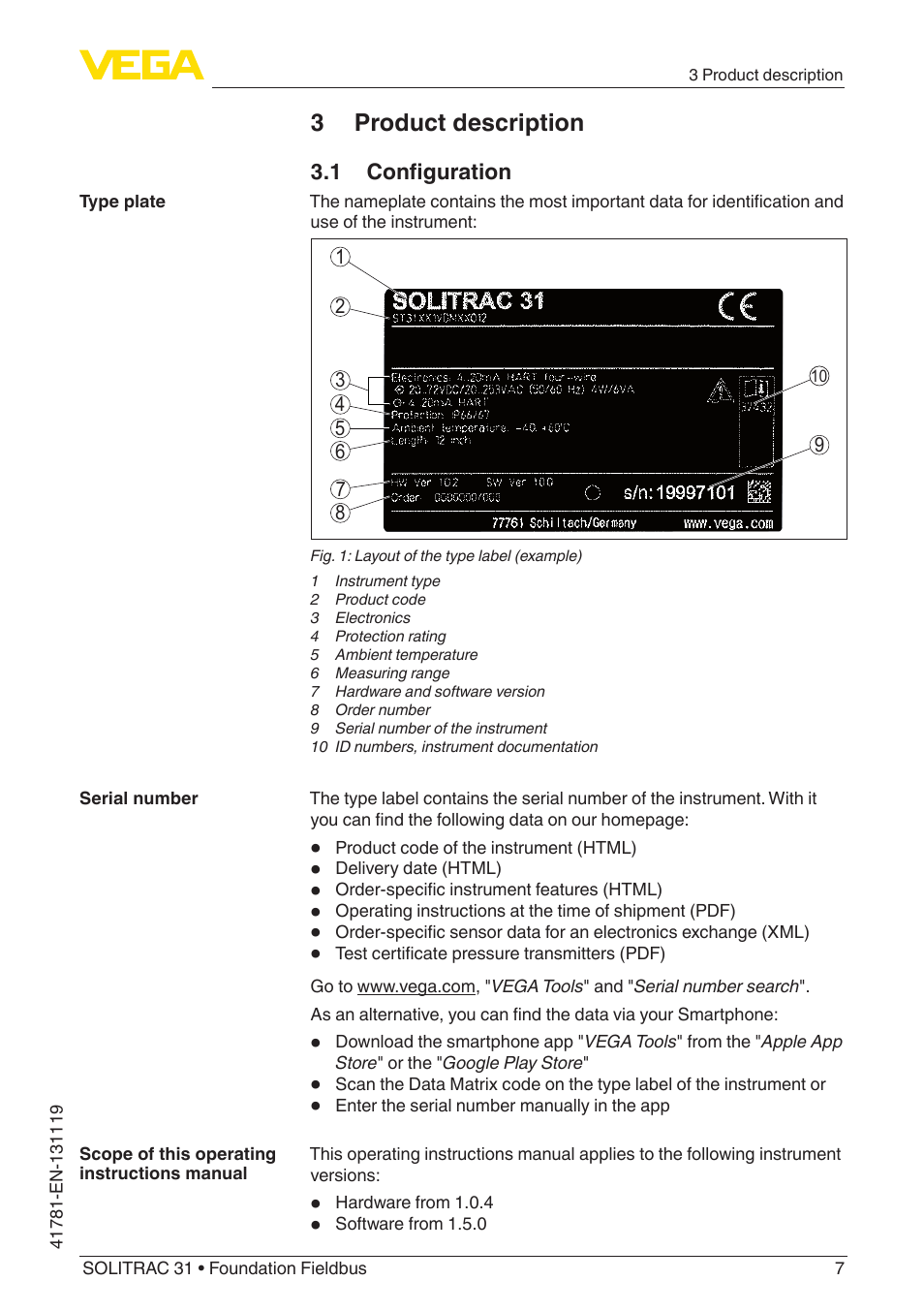 3 product description, 1 configuration | VEGA SOLITRAC 31 Foundation Fieldbus User Manual | Page 7 / 80