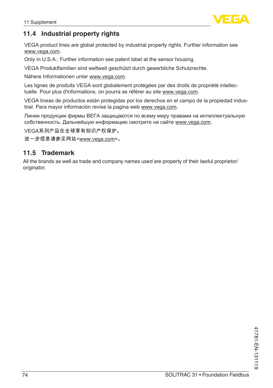 4 industrial property rights, 5 trademark | VEGA SOLITRAC 31 Foundation Fieldbus User Manual | Page 74 / 80