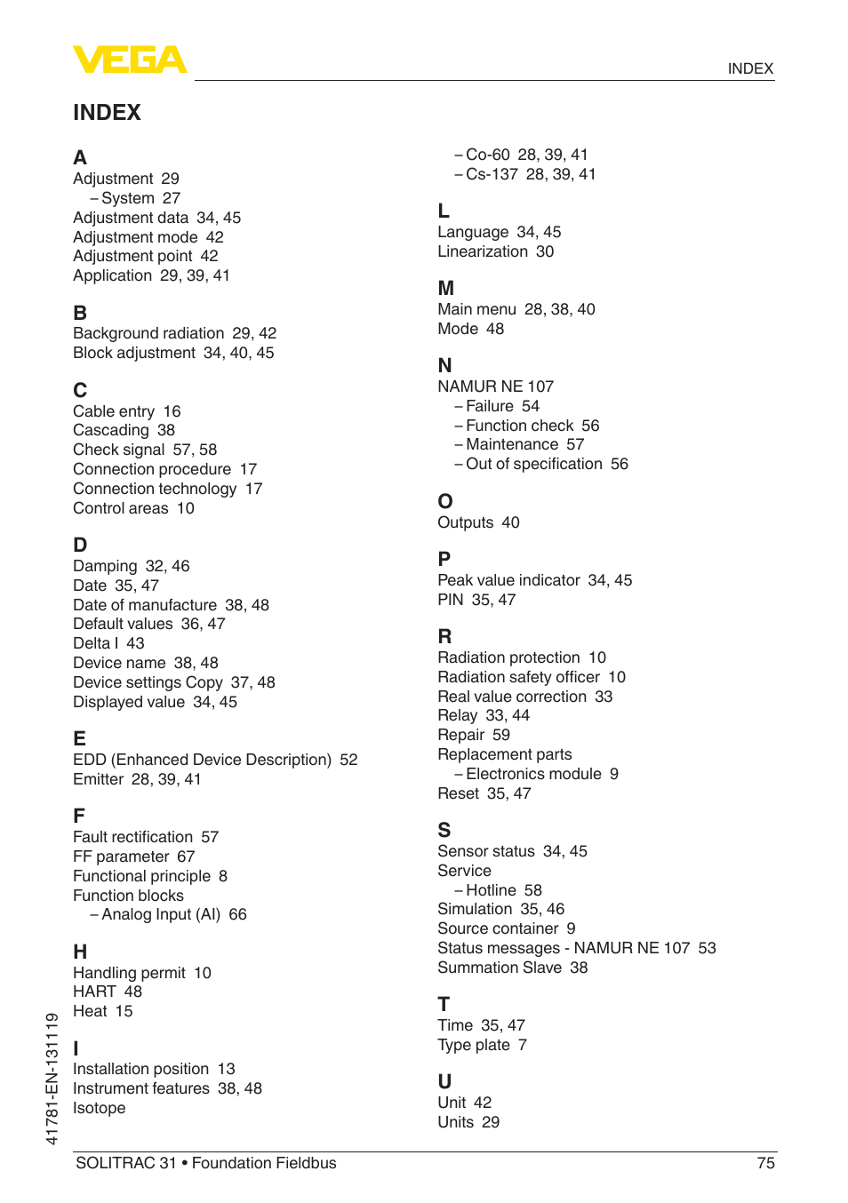 Index | VEGA SOLITRAC 31 Foundation Fieldbus User Manual | Page 75 / 80