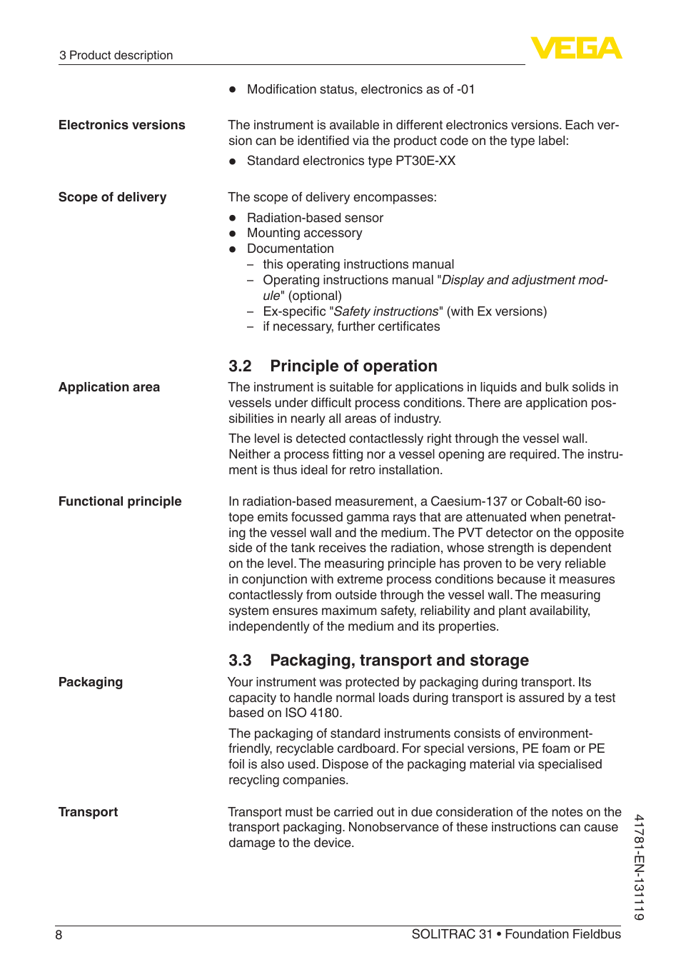 2 principle of operation, 3 packaging, transport and storage | VEGA SOLITRAC 31 Foundation Fieldbus User Manual | Page 8 / 80