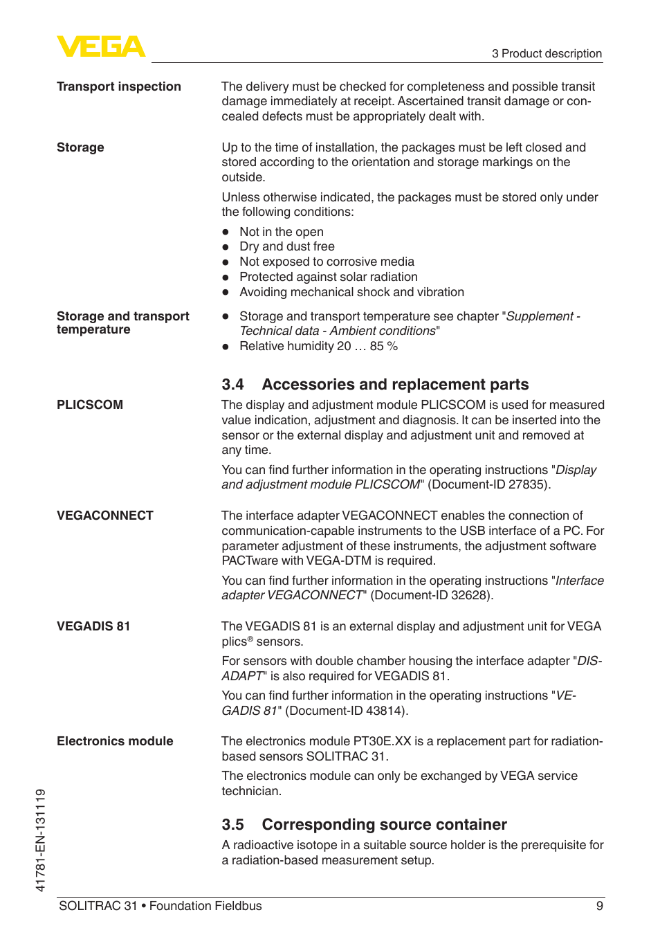 4 accessories and replacement parts, 5 corresponding source container | VEGA SOLITRAC 31 Foundation Fieldbus User Manual | Page 9 / 80