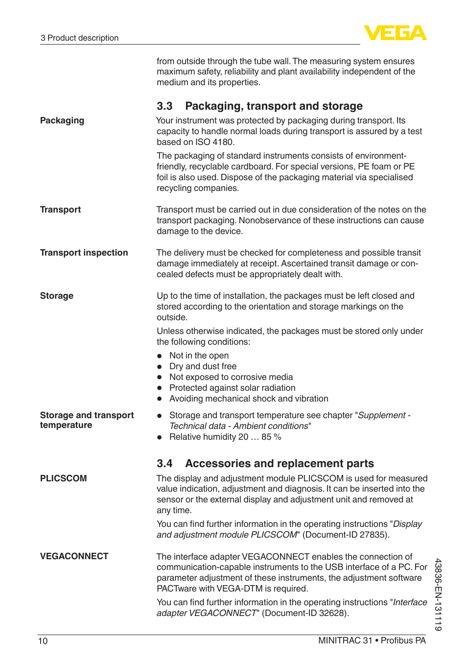 3 packaging, transport and storage, 4 accessories and replacement parts | VEGA MINITRAC 31 Profibus PA User Manual | Page 10 / 96