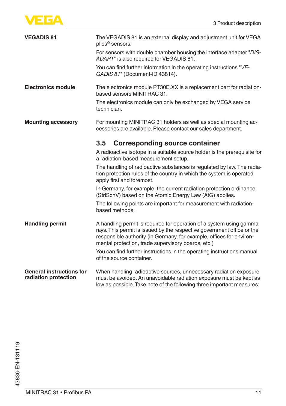 5 corresponding source container | VEGA MINITRAC 31 Profibus PA User Manual | Page 11 / 96