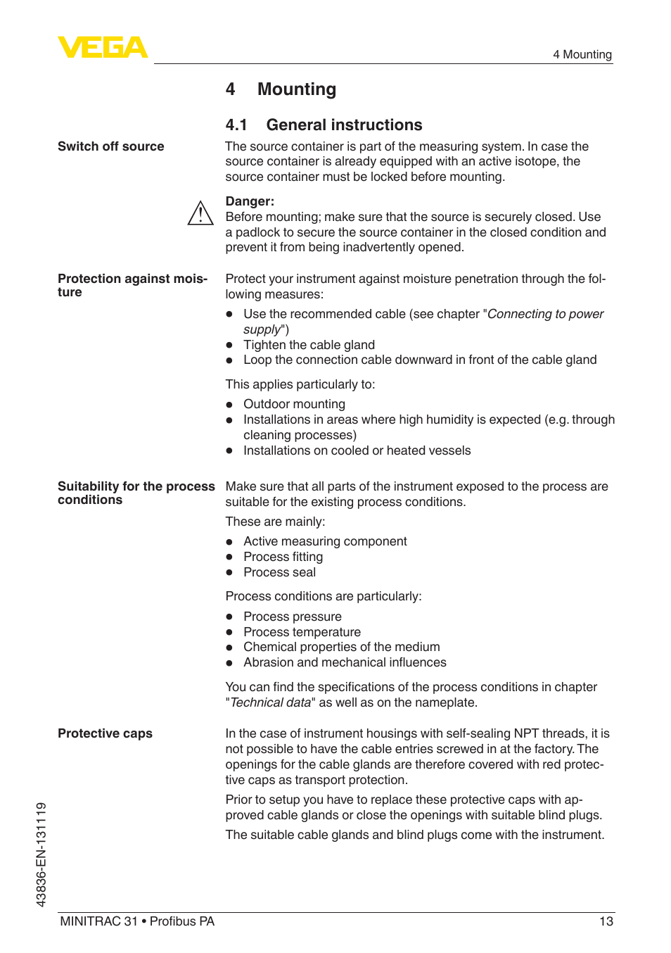 4 mounting, 1 general instructions | VEGA MINITRAC 31 Profibus PA User Manual | Page 13 / 96