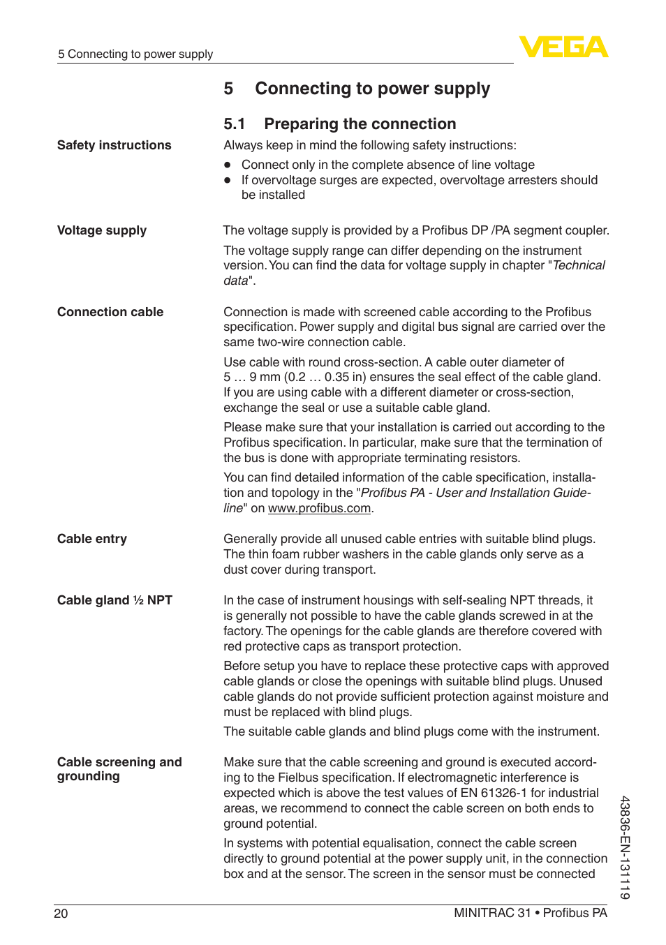 5 connecting to power supply, 1 preparing the connection | VEGA MINITRAC 31 Profibus PA User Manual | Page 20 / 96