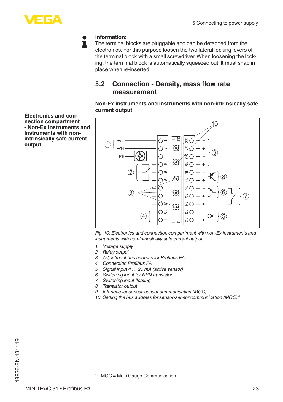 2 connection - density, mass flow rate measurement | VEGA MINITRAC 31 Profibus PA User Manual | Page 23 / 96
