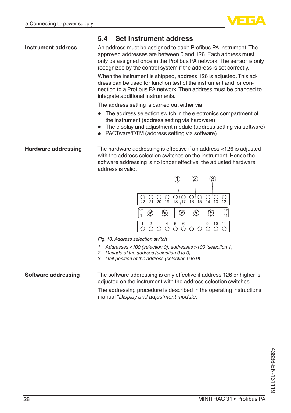 4 set instrument address | VEGA MINITRAC 31 Profibus PA User Manual | Page 28 / 96