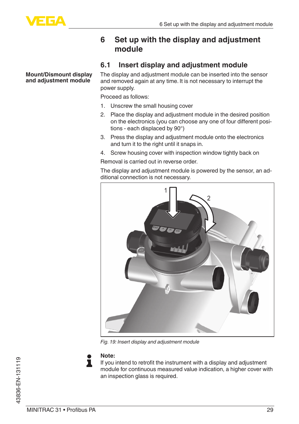 6 set up with the display and adjustment module, 1 insert display and adjustment module | VEGA MINITRAC 31 Profibus PA User Manual | Page 29 / 96