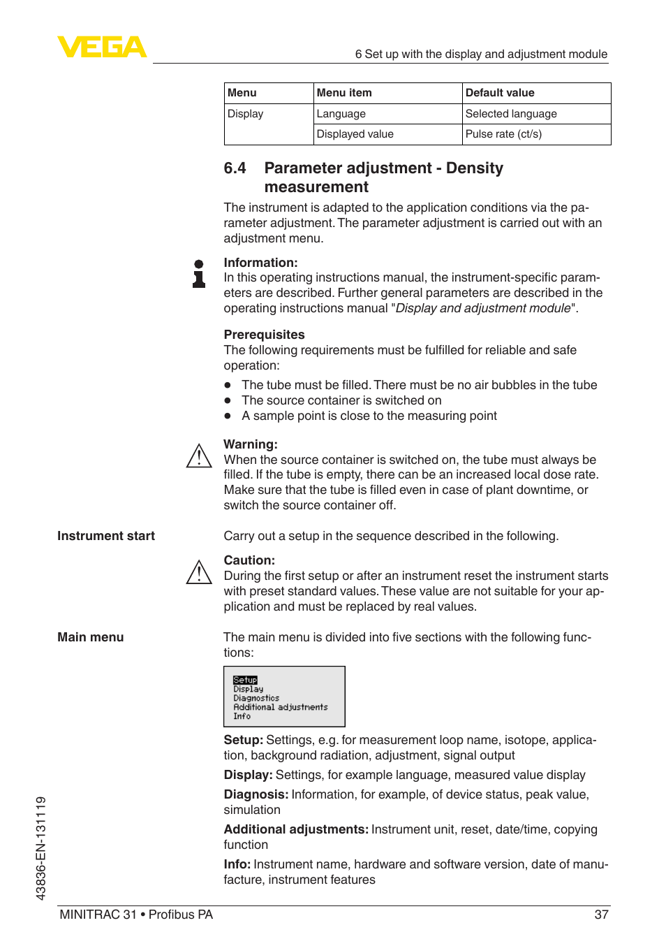 4 parameter adjustment - density measurement | VEGA MINITRAC 31 Profibus PA User Manual | Page 37 / 96