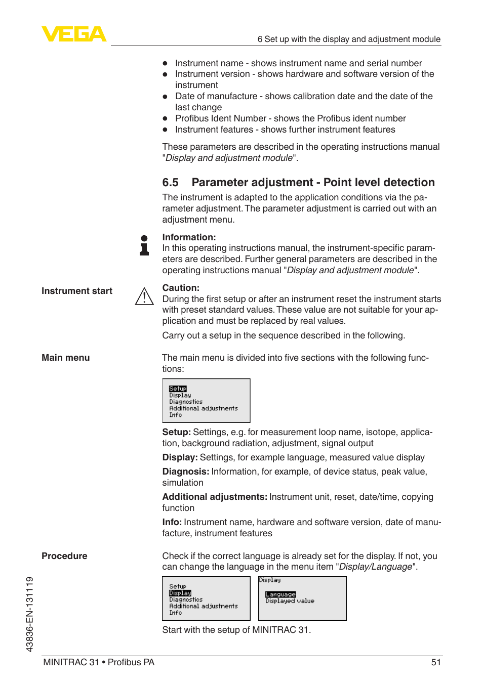 5 parameter adjustment - point level detection | VEGA MINITRAC 31 Profibus PA User Manual | Page 51 / 96