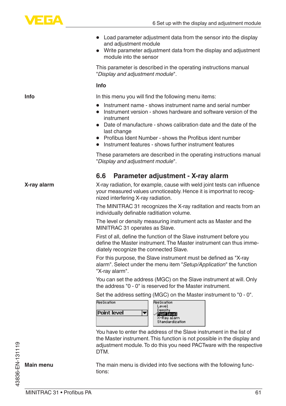 6 parameter adjustment - x-ray alarm | VEGA MINITRAC 31 Profibus PA User Manual | Page 61 / 96
