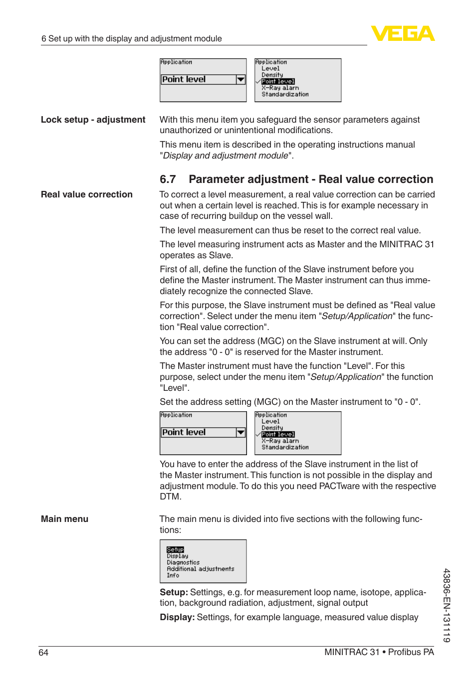 7 parameter adjustment - real value correction | VEGA MINITRAC 31 Profibus PA User Manual | Page 64 / 96
