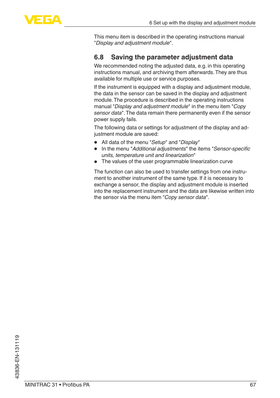 8 saving the parameter adjustment data | VEGA MINITRAC 31 Profibus PA User Manual | Page 67 / 96