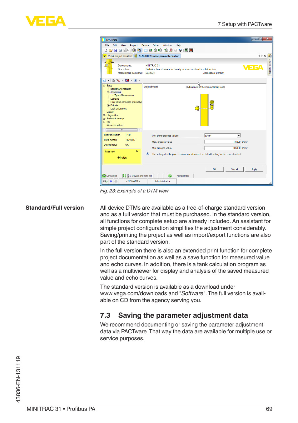 3 saving the parameter adjustment data | VEGA MINITRAC 31 Profibus PA User Manual | Page 69 / 96