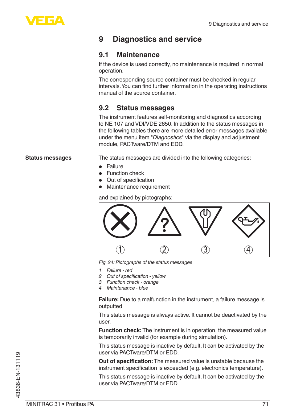 9 diagnostics and service, 1 maintenance, 2 status messages | VEGA MINITRAC 31 Profibus PA User Manual | Page 71 / 96
