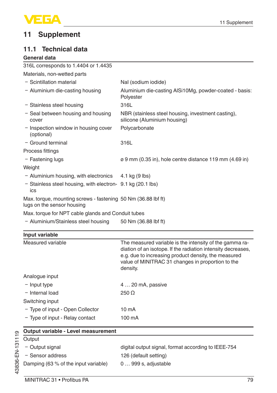 11 supplement, 1 technical data | VEGA MINITRAC 31 Profibus PA User Manual | Page 79 / 96