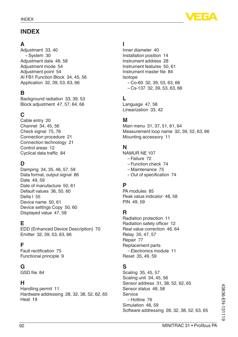 Index | VEGA MINITRAC 31 Profibus PA User Manual | Page 92 / 96