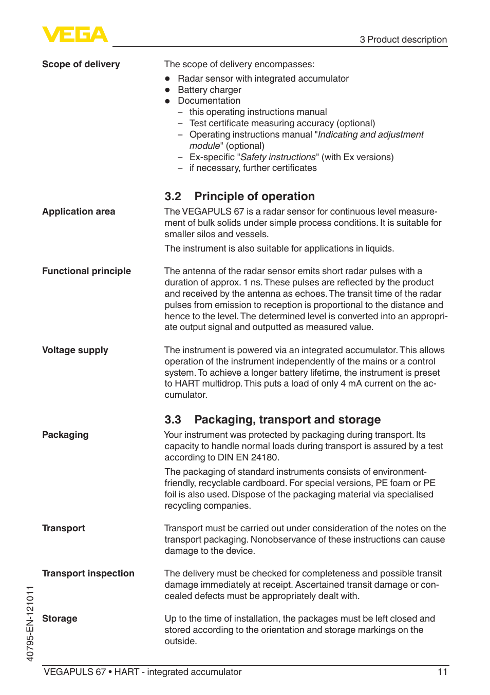 2 principle of operation, 3 packaging, transport and storage | VEGA VEGAPULS 67 (≥ 2.0.0 - ≥ 4.0.0) HART - integrated accumulator User Manual | Page 11 / 68