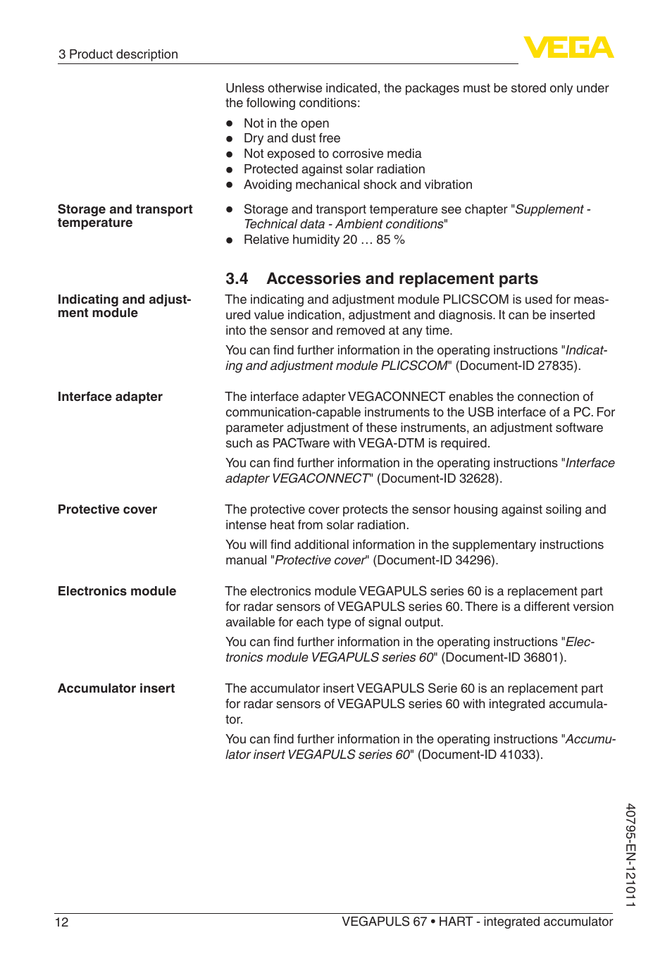 4 accessories and replacement parts | VEGA VEGAPULS 67 (≥ 2.0.0 - ≥ 4.0.0) HART - integrated accumulator User Manual | Page 12 / 68