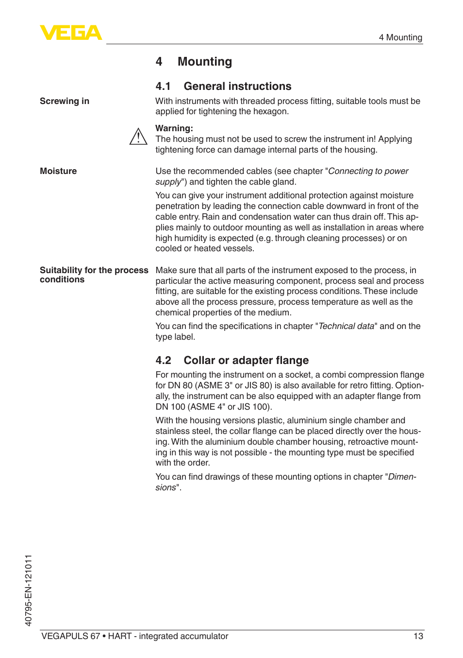 4 mounting, 1 general instructions, 2 collar or adapter flange | VEGA VEGAPULS 67 (≥ 2.0.0 - ≥ 4.0.0) HART - integrated accumulator User Manual | Page 13 / 68