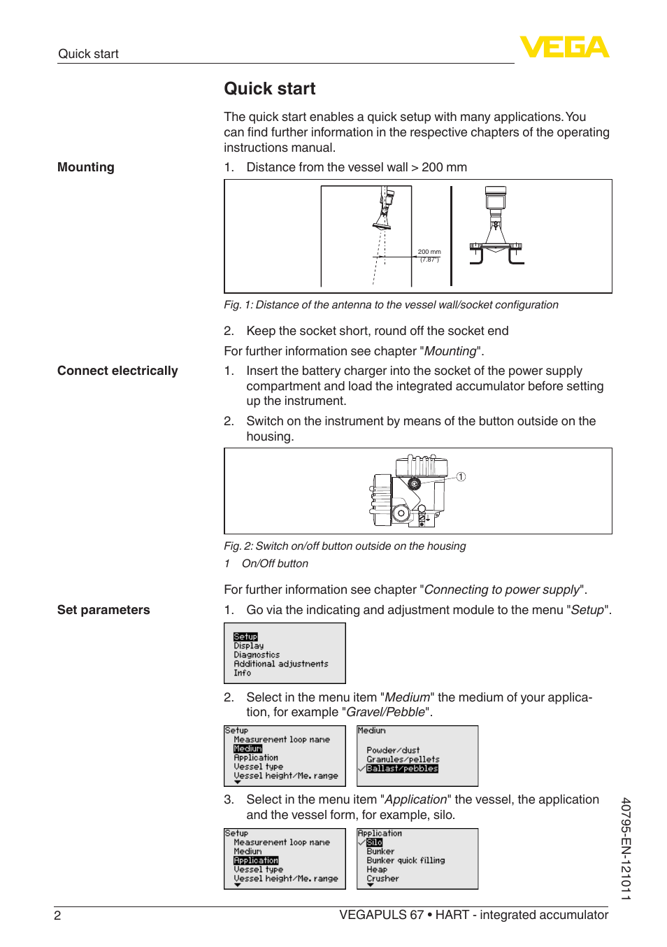 Quick start | VEGA VEGAPULS 67 (≥ 2.0.0 - ≥ 4.0.0) HART - integrated accumulator User Manual | Page 2 / 68