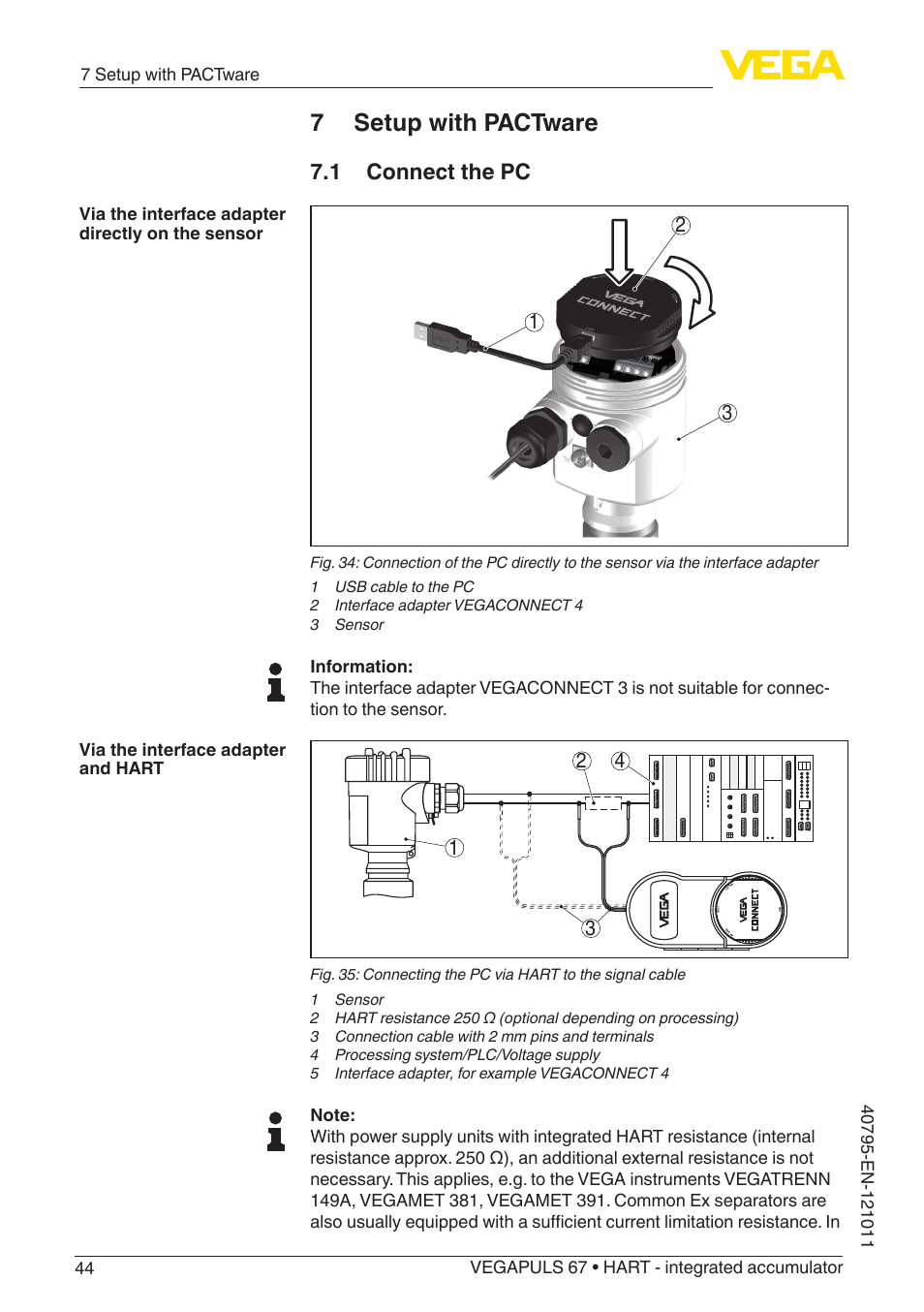 7 setup with pactware, 1 connect the pc | VEGA VEGAPULS 67 (≥ 2.0.0 - ≥ 4.0.0) HART - integrated accumulator User Manual | Page 44 / 68