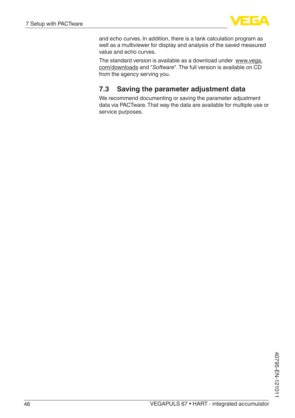 3 saving the parameter adjustment data | VEGA VEGAPULS 67 (≥ 2.0.0 - ≥ 4.0.0) HART - integrated accumulator User Manual | Page 46 / 68