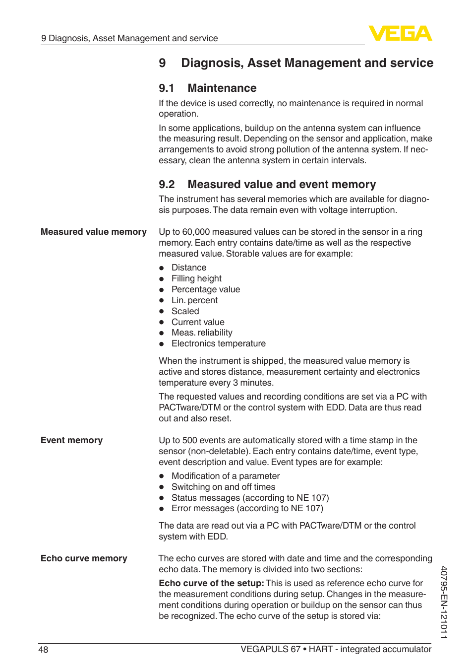 9 diagnosis, asset management and service, 1 maintenance, 2 measured value and event memory | VEGA VEGAPULS 67 (≥ 2.0.0 - ≥ 4.0.0) HART - integrated accumulator User Manual | Page 48 / 68