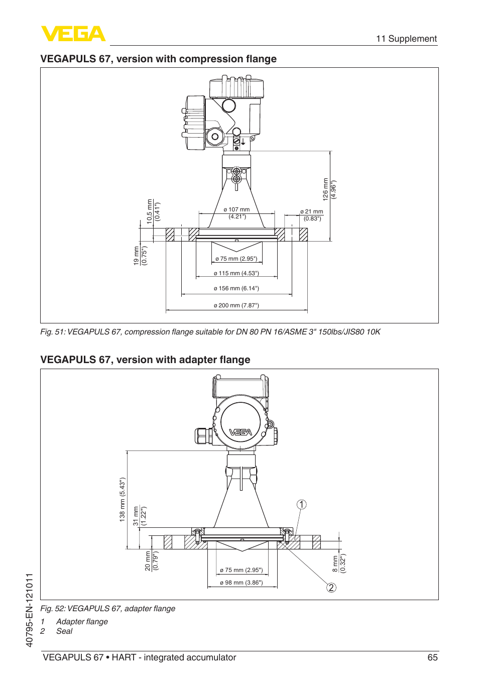 Vegapuls 67, version with compression flange, Vegapuls 67, version with adapter flange | VEGA VEGAPULS 67 (≥ 2.0.0 - ≥ 4.0.0) HART - integrated accumulator User Manual | Page 65 / 68