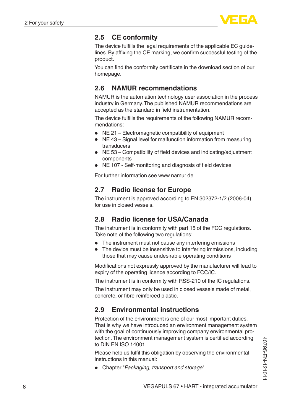 5 ce conformity, 6 namur recommendations, 7 radio license for europe | 8 radio license for usa/canada, 9 environmental instructions | VEGA VEGAPULS 67 (≥ 2.0.0 - ≥ 4.0.0) HART - integrated accumulator User Manual | Page 8 / 68