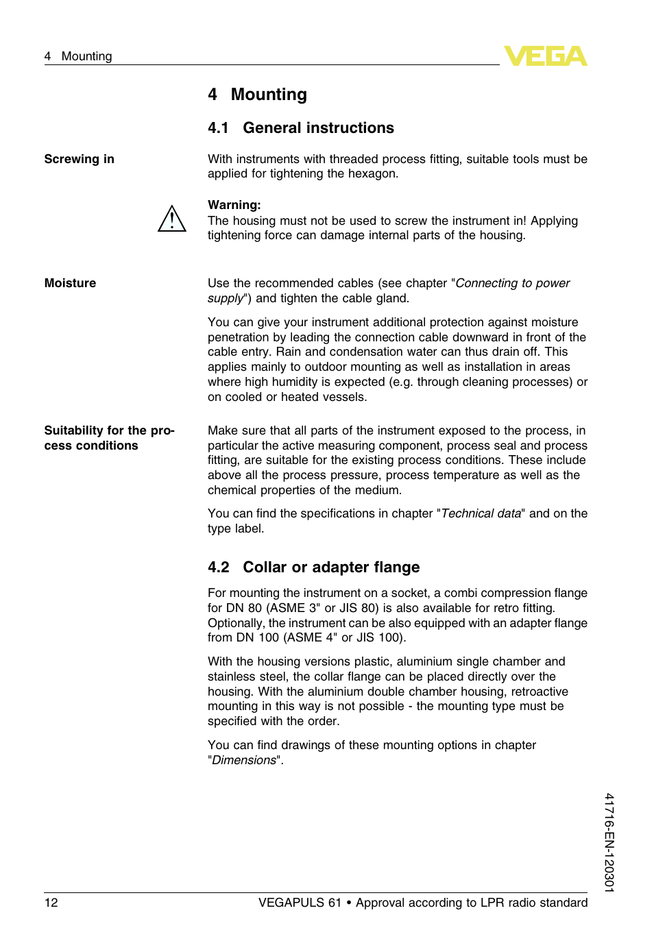 4 mounting, 1 general instructions, 2 collar or adapter flange | 4mounting | VEGA VEGAPULS 61 (≥ 2.0.0 - ≥ 4.0.0) Foundation Fieldbus Approval according to LPR radio standard User Manual | Page 12 / 96