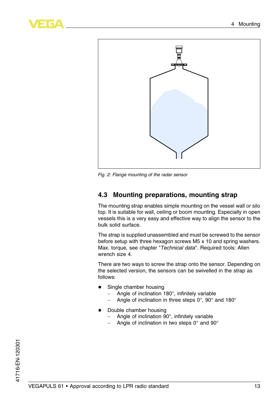 3 mounting preparations, mounting strap | VEGA VEGAPULS 61 (≥ 2.0.0 - ≥ 4.0.0) Foundation Fieldbus Approval according to LPR radio standard User Manual | Page 13 / 96