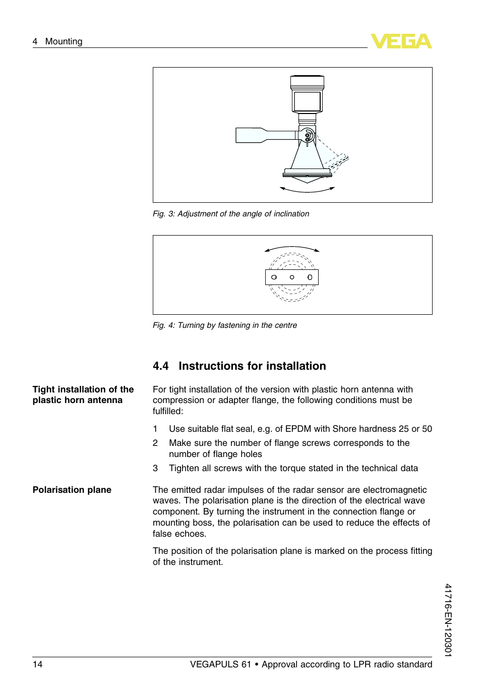 4 instructions for installation | VEGA VEGAPULS 61 (≥ 2.0.0 - ≥ 4.0.0) Foundation Fieldbus Approval according to LPR radio standard User Manual | Page 14 / 96