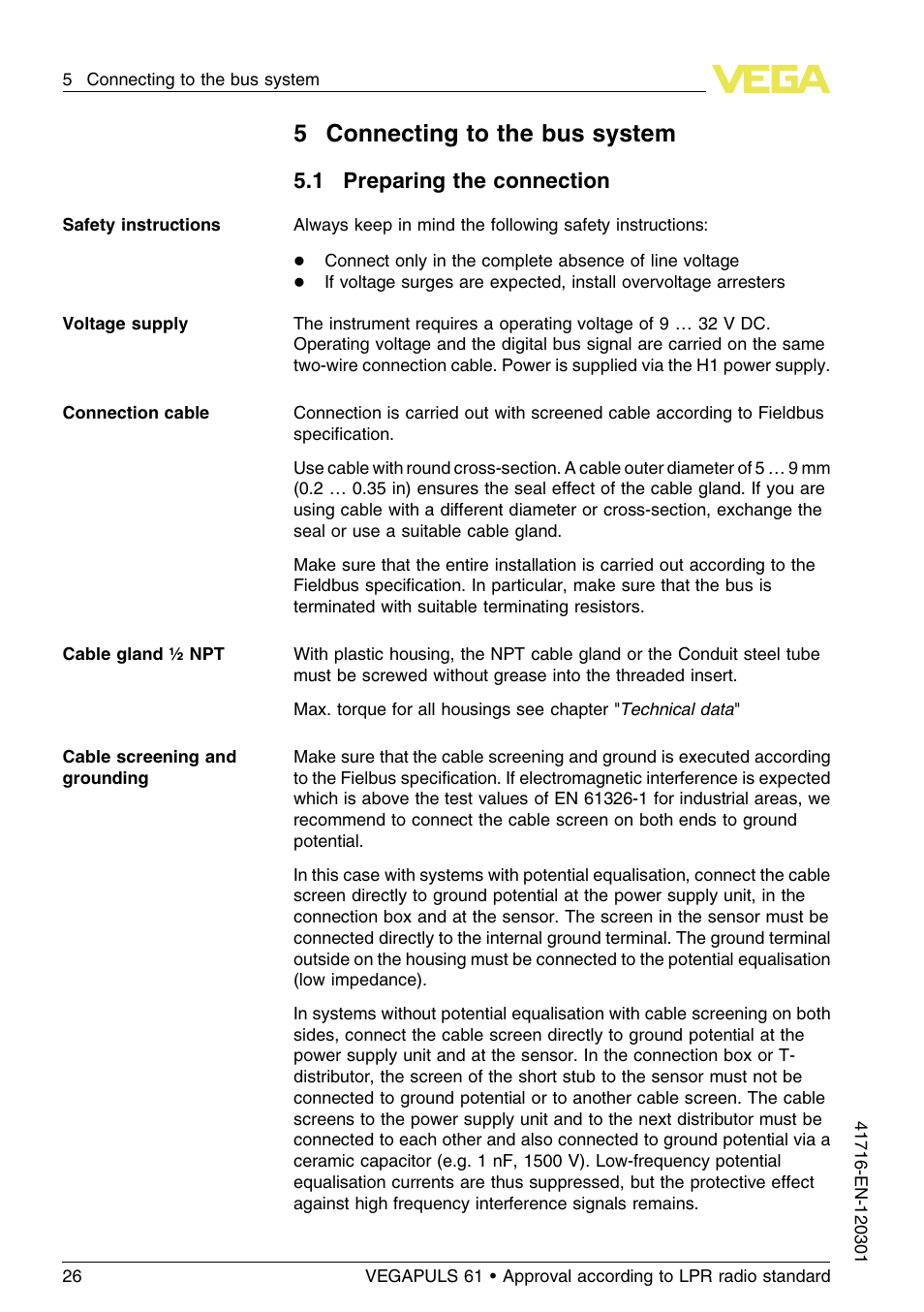 5 connecting to the bus system, 1 preparing the connection, 5connecting to the bus system | VEGA VEGAPULS 61 (≥ 2.0.0 - ≥ 4.0.0) Foundation Fieldbus Approval according to LPR radio standard User Manual | Page 26 / 96