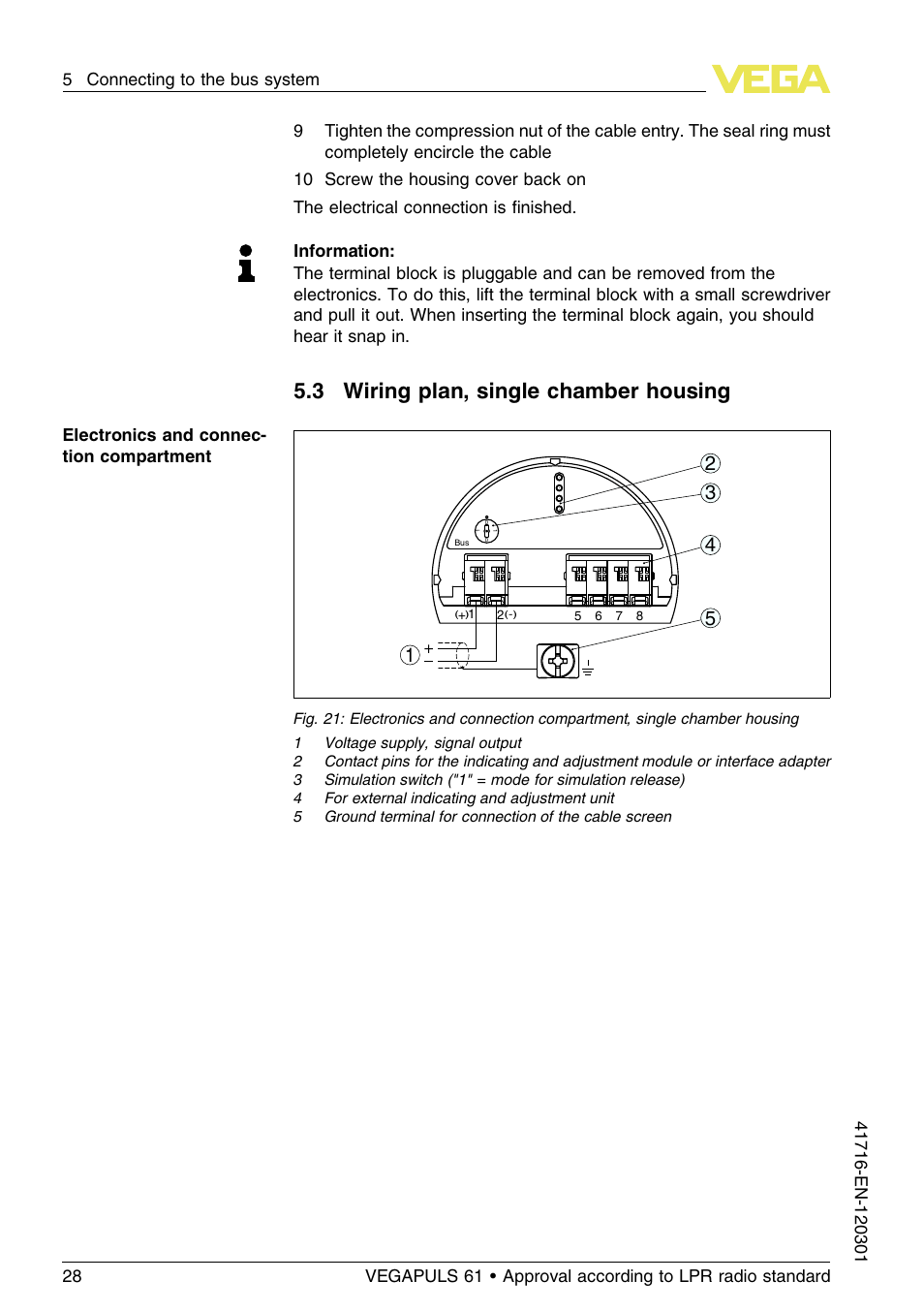 3 wiring plan, single chamber housing | VEGA VEGAPULS 61 (≥ 2.0.0 - ≥ 4.0.0) Foundation Fieldbus Approval according to LPR radio standard User Manual | Page 28 / 96