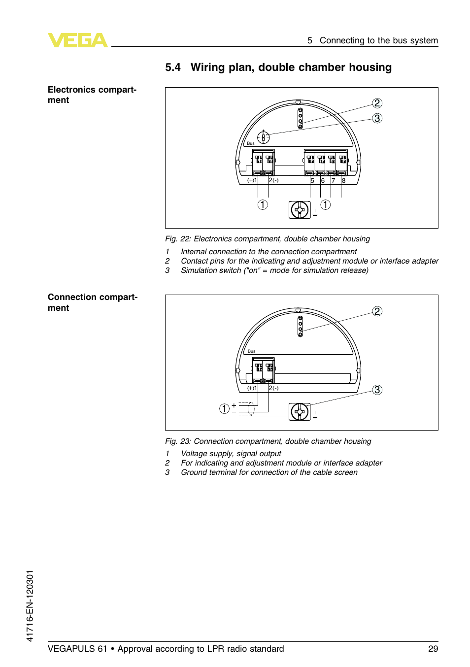 4 wiring plan, double chamber housing | VEGA VEGAPULS 61 (≥ 2.0.0 - ≥ 4.0.0) Foundation Fieldbus Approval according to LPR radio standard User Manual | Page 29 / 96