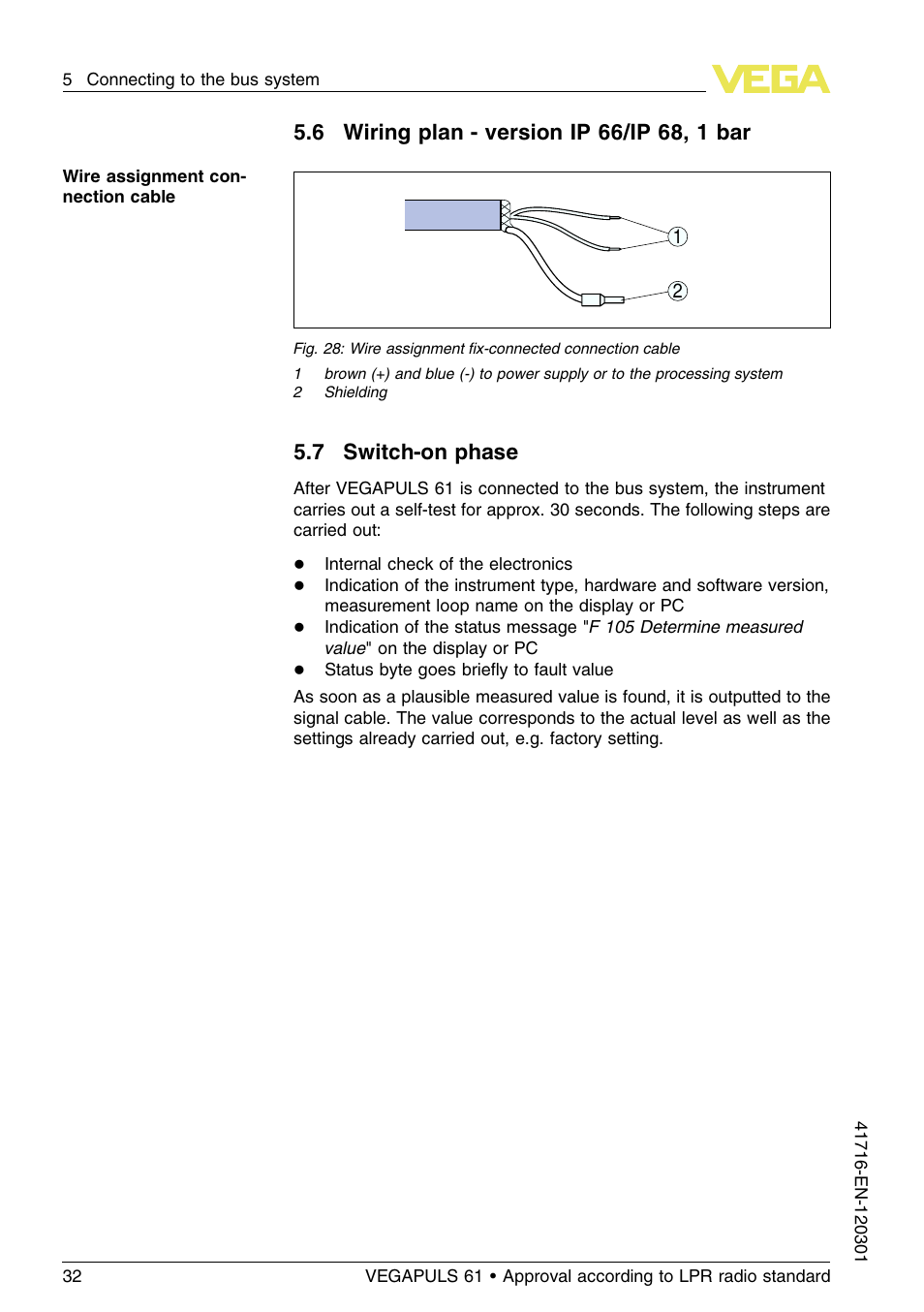 6 wiring plan – version ip66/ip68, 1bar, 7 switch–on phase, 7 switch-on phase | VEGA VEGAPULS 61 (≥ 2.0.0 - ≥ 4.0.0) Foundation Fieldbus Approval according to LPR radio standard User Manual | Page 32 / 96