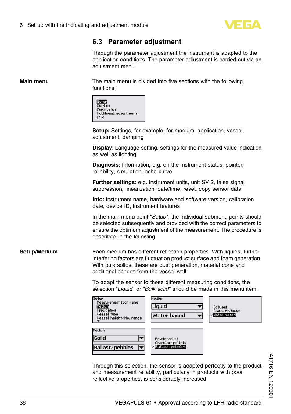 3 parameter adjustment | VEGA VEGAPULS 61 (≥ 2.0.0 - ≥ 4.0.0) Foundation Fieldbus Approval according to LPR radio standard User Manual | Page 36 / 96